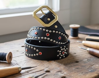 Moriss Leder Nietengürtel, Vintage Spike Nieten Punk Rock Goth Accessoire