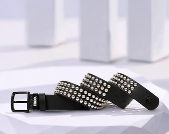 2000s Vintage Studded Belt Cracked White Leather Y2K Stud OS Used