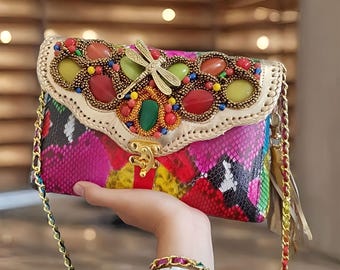 Genuine Bali Python Clutch, Handcrafted Multicolored Party Bag, Exotic Python Leather Clutch Bag, Unique Beaded & Gemstone Evening Purse