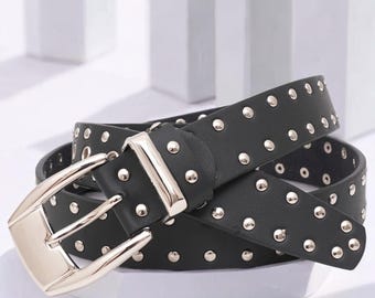 2000s Vintage Studded Belt Cracked White Leather Y2K Stud OS Used