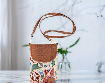 Sac pour téléphone batik fait main, bandoulière en similicuir, pochette pour téléphone portable unique, sac pour téléphone à bandoulière batik bohème, étui pour téléphone fait main