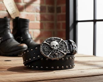 Aged Leather Belt Studded. Skull Loop Design. 1.5 Inches  display picture 3