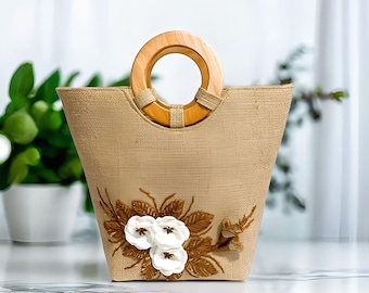 Jute Tote Bag with Wooden Handle, Handcrafted Woven Bag, Floral Jute Top Handle Bag, Boho Handbag for Women, Aesthetic Summer Bag