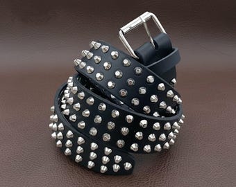 2000s Vintage Studded Belt Cracked White Leather Y2K Stud OS Used