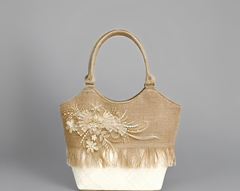 Borsa tote da donna in juta di alta qualità in stile coreano esclusivo, borsa tote in juta, borsa tote floreale, borsa con fiori in pizzo, borsa con frange, borsa tote estiva