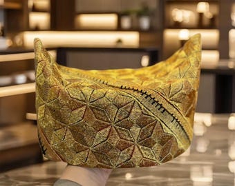 Unique Gold Peci Cap from Lampung, Artisan-Crafted Tapis Songkok, Handmade Tapis Hat, Traditional Boat-Shaped Headwear, Handmade Leather Cap