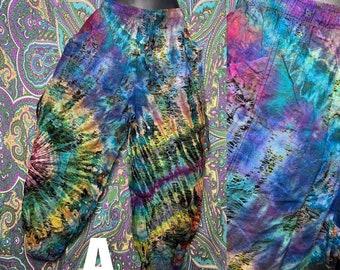 Tie dye squiggle large pocket pants cotton pattern Unisex Hippy Festival rainbow hippie dungarees