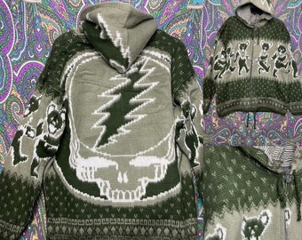Grateful Dead Alpaca Hoodie Dancing Bears Stealie Design Green black grey white blue  steal your face