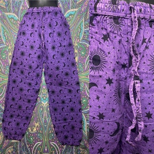 Purple sun and moon pocket pants cotton patterned Unisex Hippy Festival dungarees hippy hippie harem boho bohemian