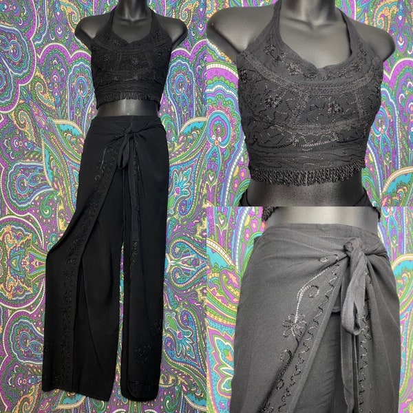 Black embroidery halter set - wrap pants, halter top, hippie hippy festival *Free shipping boho bohemian yoga free spirit festie festifit