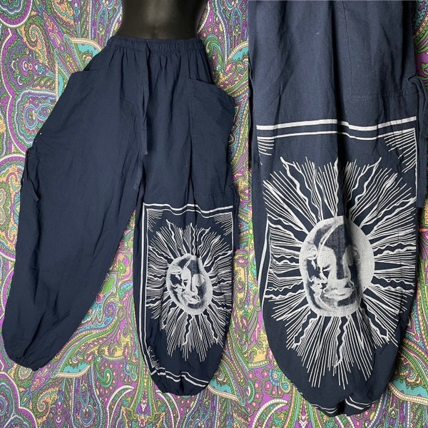Sun Moon oversized pocket pants cotton pattern Unisex Hippy Festival Blue Grey Black Green dungarees