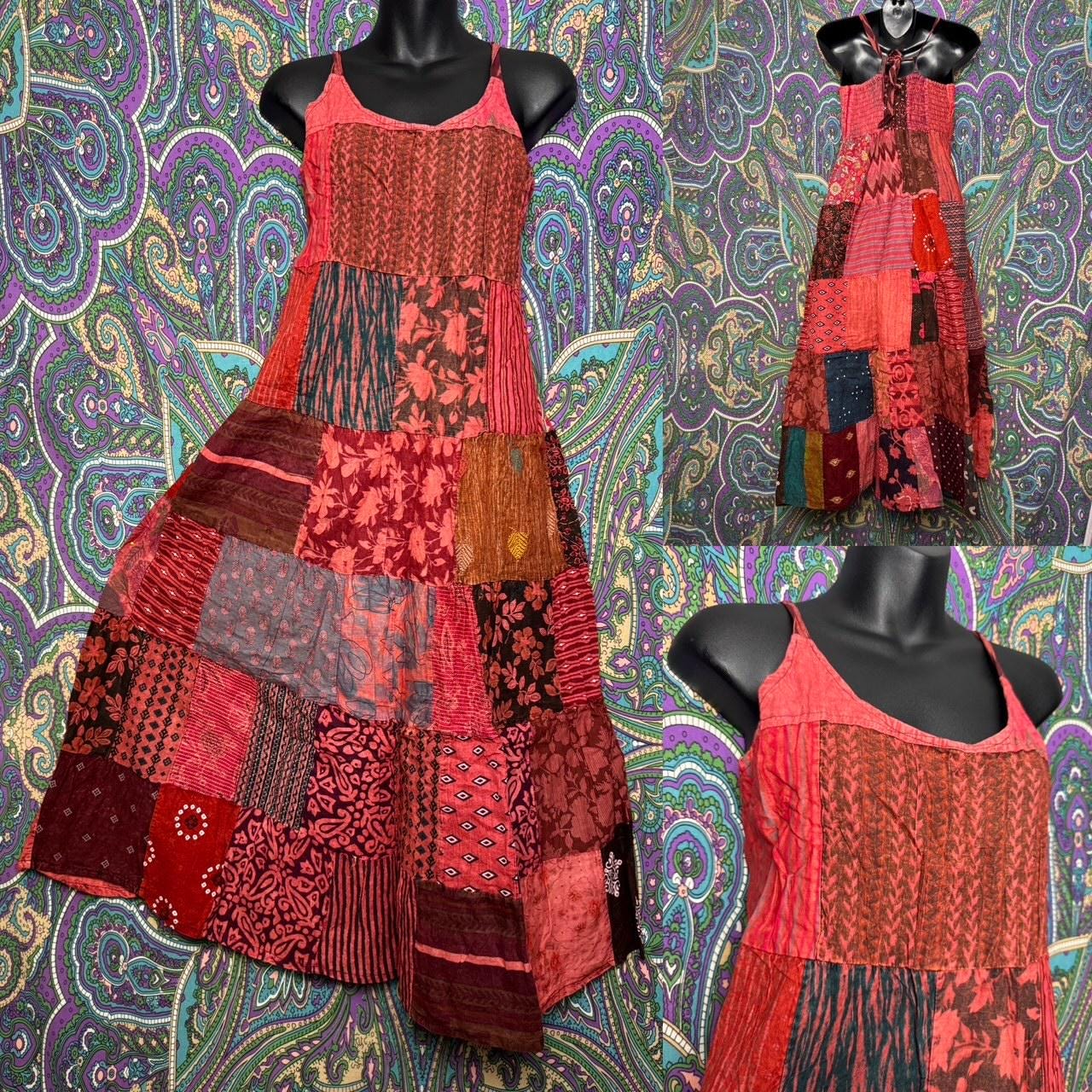 Patchwork Midi Dress Hippie Patchy Quilted Neutral Dye