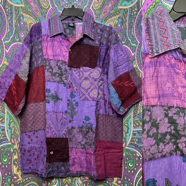 XXL Blue Purple Hippie patchwork mens button up down shirt with pockets Unisex Hippy Festival patchy patches cotton 2xl