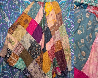 Cotton Warm Colors Patchwork Maxi Skirt - Warm Color Hippie Festival Skirt with Pockets