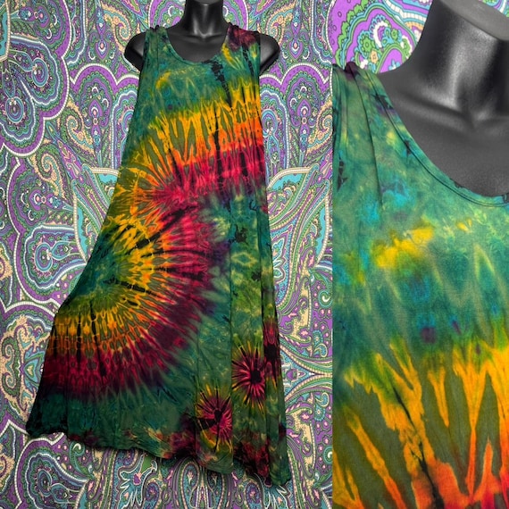 Tie Dye Midi Dress Hippie Tiedye Dye Colorful Hippy Festival Green Purple Blue Rainbow Medium Large XL XXL Free Spirit Stretch Full Back