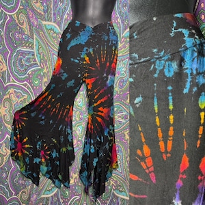 Rainbow Tie Dye Flare Pants, Asymmetrical Hem, Stretchy Bell Bottoms