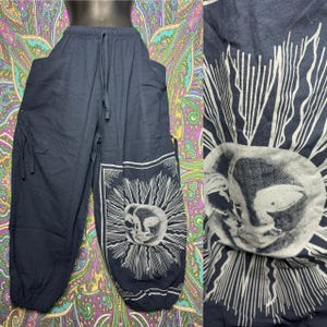 Sun Moon oversized pocket pants cotton pattern Unisex Hippy Festival Blue Grey Black Green dungarees