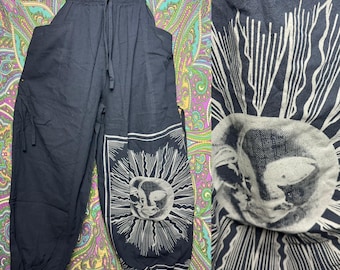 Sun Moon Cotton Pocket Pants - Unisex Hippie Festival Dungarees