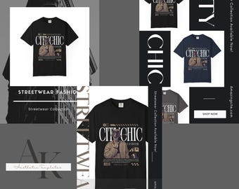 Plantillas de camisetas en blanco y negro para Etsy/Canva, diseños de ropa urbana editables de Pinterest.