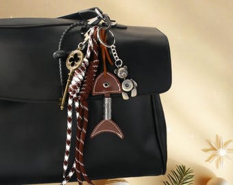 Vintage Fish & Bear Bag Charm Keychain – Woven Strap, Personalized Initial Gift for Her