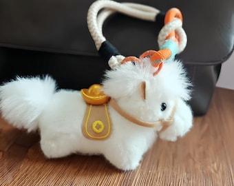 Plush Horse Bag Charm Keychain, White Backpack Pendant Lucky New Year Gift for Her
