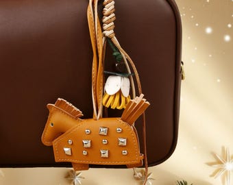 Western Style Leather Horse Keychain with Studs - Equestrian Bag Charm, Personalized Gift for Her