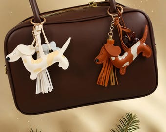 Handmade Leather Spotted Dachshund Keychain, Wiener Dog Bag Accessory, Gift for Dog Lovers