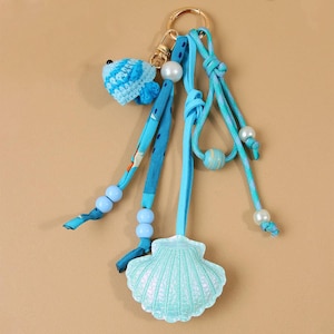 Handmade Crochet Blue Fish & Shell Macrame Keychain,Summer Ocean Themed Purse Charm