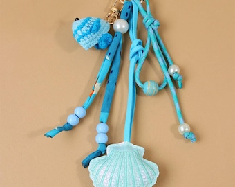Handmade Crochet Blue Fish & Shell Macrame Keychain,Summer Ocean Themed Purse Charm