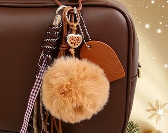 Korean Heart & Pom Pom Bag Charm Keychain – Miu‑Style Fluffy Accessory, Gift for Her