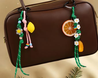 Handmade Lemon Orange Fruit Keychain, Beaded Dreadlock Style Purse Charm, Boho Bag Accessory