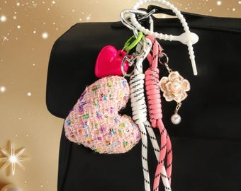 Fabric Heart & Braided Rope Bag Charm Keychain – Miu‑Style Coquette Gift for Girls