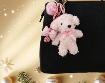 Custom Initial Plush Puppy Bag Charm – Braided Rope & Bow Keychain,  Gift for Her