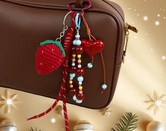 Crochet Strawberry Keychain with Heart Bead, Personalized Initial Valentine Gift for Her