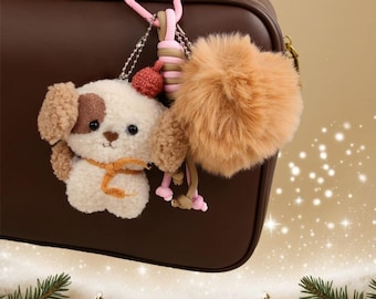Fluffy Dog Pom Pom Bag Charm Keychain – Woven Strap, Personalized Gift for Her