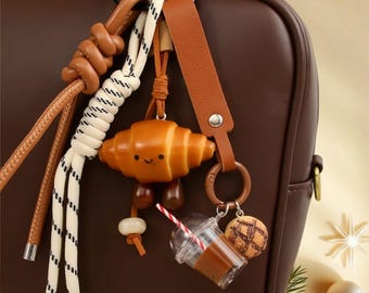Croissant Bag Charm Keychain – Personalized Initial INS Style Woven Strap Gift for Her