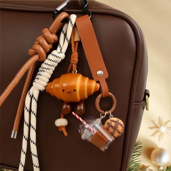 Croissant Bag Charm Keychain – Personalized Initial INS Style Woven Strap Gift for Her