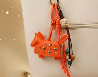 Personalized Leather Horse Bag Charm with Beads - Year of the Horse Gift, Custom Initial Keychain