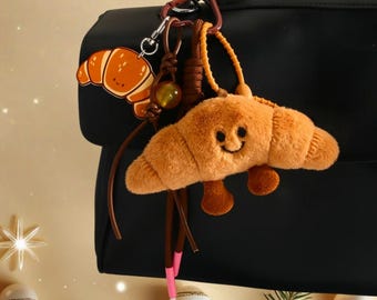 Fluffy Croissant Bag Charm Keychain – Woven Strap, Personalized Name Gift for Her