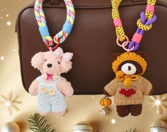 Custom Initial Pink Plush Puppy Bag Charm – Braided Rope Keychain, Gift for Her