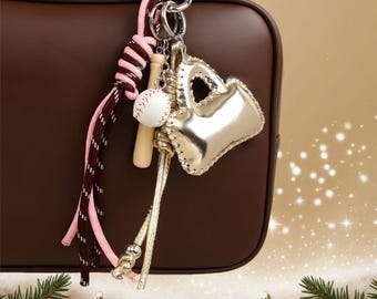 Holographic Mini Bag Charm with Baseball & Tennis Ball – Sporty INS Keychain Gift for Her