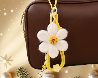 Custom Initial Sunflower Bag Charm – Nepal Wool Felt & Braided Rope Keychain, Gift for Her