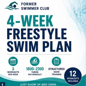 May include: A blue and white graphic promoting a 4-week freestyle swim plan. The text reads "4-WEEK FREESTYLE SWIM PLAN" with details including 3 workouts per week, 1800-2300 yards per workout, and structured swim training. It includes 12 workouts.