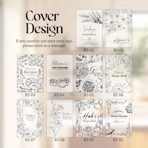 K&ouml;nnte beinhalten: Eine Auswahl an Rezeptbuch-Cover-Designs mit verschiedenen Illustrationen, darunter Weizen, Blumen und Essensgrafiken. Jedes Cover zeigt einen anderen Namen und ein anderes Design, mit dem Text "Cover Design" oben. Die Cover sind mit R5-01 bis R5-10 gekennzeichnet.