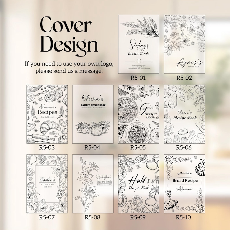 K&ouml;nnte beinhalten: Eine Auswahl an Rezeptbuch-Cover-Designs mit verschiedenen Illustrationen, darunter Weizen, Blumen und Essensgrafiken. Jedes Cover zeigt einen anderen Namen und ein anderes Design, mit dem Text "Cover Design" oben. Die Cover sind mit R5-01 bis R5-10 gekennzeichnet.