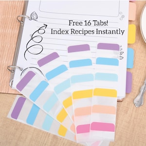 K&ouml;nnte beinhalten: Ein Rezeptordner mit farbigen Indexkarten. Die Registerkarten sind in verschiedenen Farben gehalten, darunter Lila, Blau, Gelb und Rosa. Auf der Seite steht "Free 16 Tabs! Index Recipes Instantly."