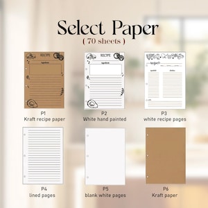 K&ouml;nnte beinhalten: Eine Auswahl an Rezeptpapieroptionen, darunter Kraftpapier, wei&szlig; handbemaltes Papier und wei&szlig;e Rezeptseiten. Au&szlig;erdem werden linierte und leere wei&szlig;e Seiten gezeigt. Der Text "Select Paper (70 sheets)" steht oben.