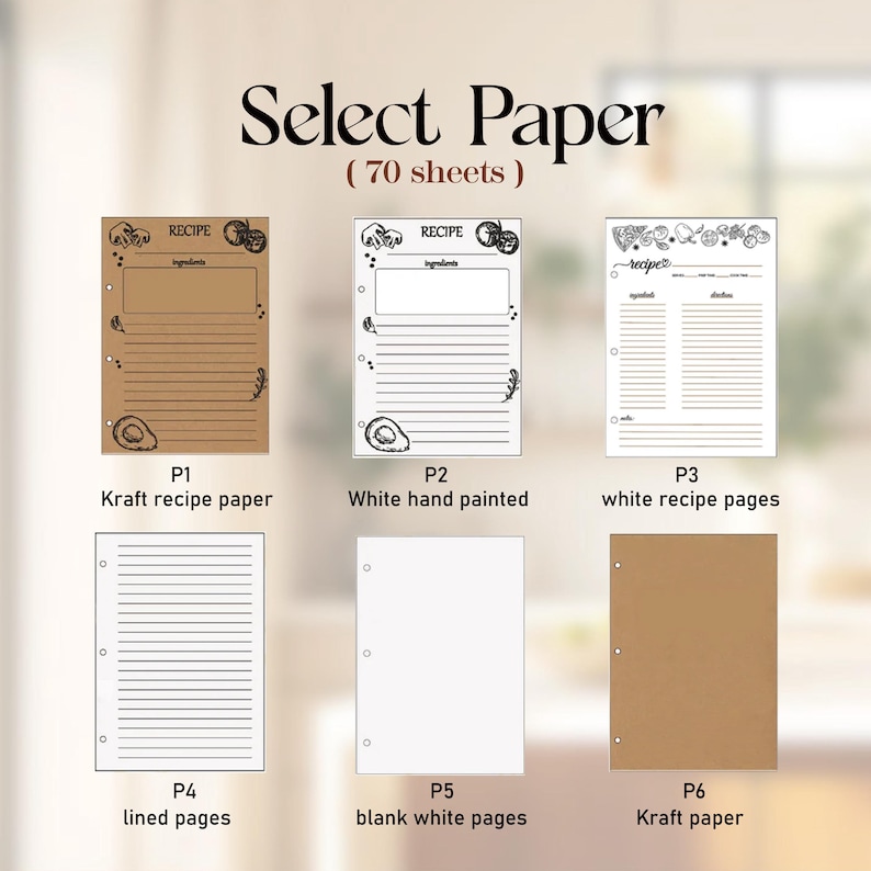 K&ouml;nnte beinhalten: Eine Auswahl an Rezeptpapieroptionen, darunter Kraftpapier, wei&szlig; handbemaltes Papier und wei&szlig;e Rezeptseiten. Au&szlig;erdem werden linierte und leere wei&szlig;e Seiten gezeigt. Der Text "Select Paper (70 sheets)" steht oben.