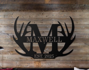 Personalized Antler Monogram Metal Sign, Custom Family Name & Est Year, Rustic Deer Antlers Wall Decor for Cabin, Ranch, Lodge or Man Cave