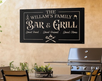 Personalized Family Bar and Grill Metal Sign, Custom Metal Sign Gift for Dad, Outdoor Bar Decor, Mancave Wallart, Rustic Patio Sign,Barbeque
